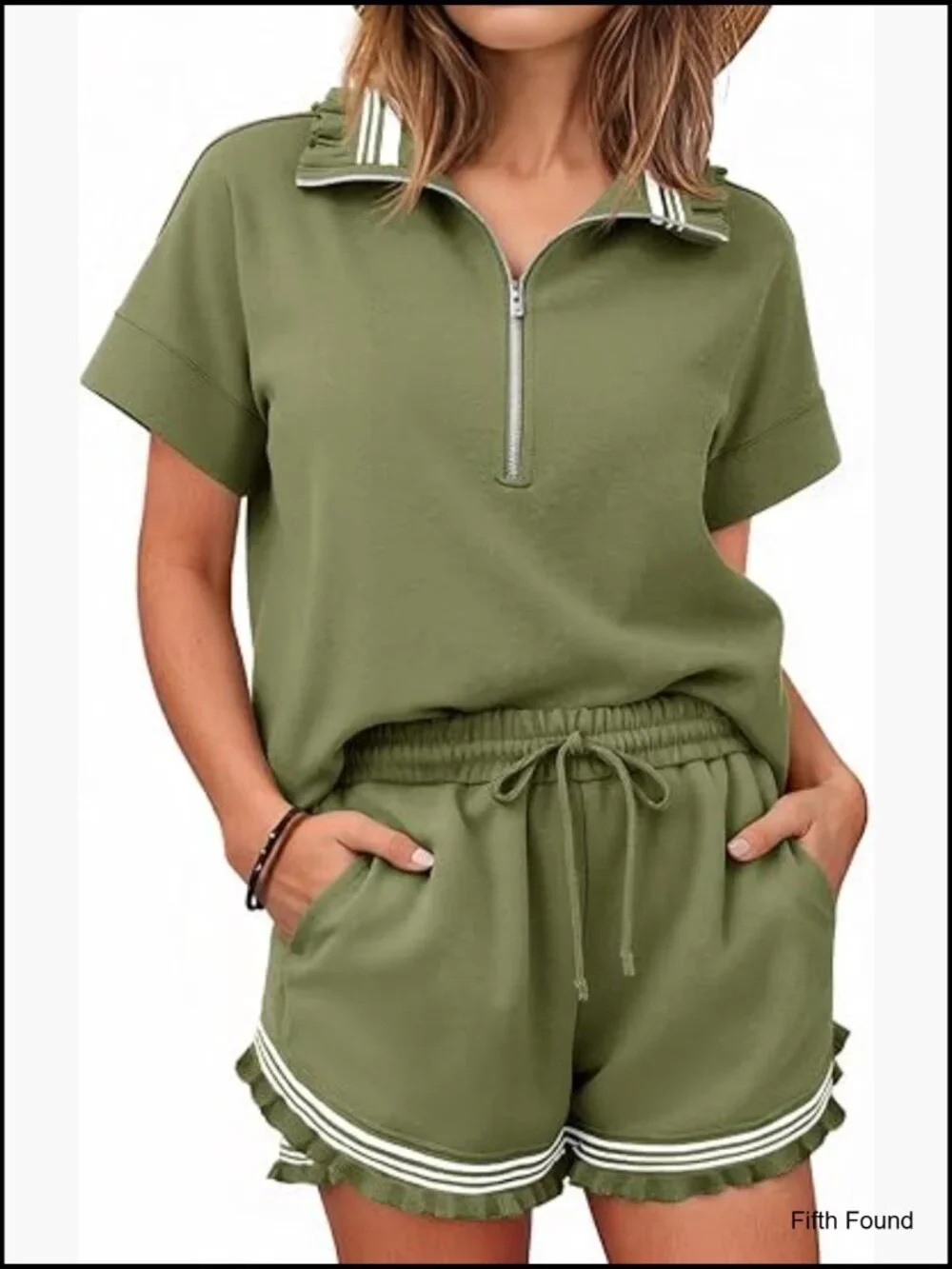 2 Piece Short Set Sweatsuit Half Zip Ruffle Tops Matching Lounge Sets